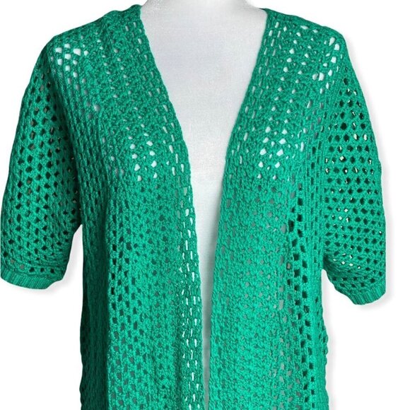 Jessica London Green Open Knit Crochet Short Sleeve Cardigan Sz 12 - Picture 3 of 8